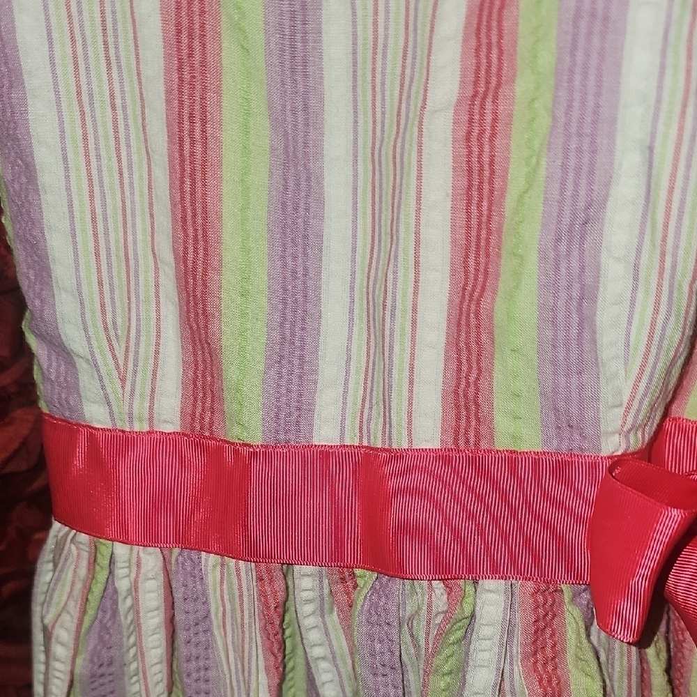 Bonnie Jean Multicolor Striped Dress with Hot Pink Ribbon Size 14 Like New - Picture 4 of 7